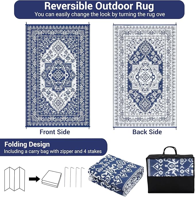 GAOMON Patio Rugs Outdoor 8x10 Waterproof Reversible Plastic Straw Rug, Large UV-Resistant Portable RV Camping Mats, Indoor Outdoor Medallion Carpet for Deck Porch Garden, Dark Blue & White-Ruum Studio Home