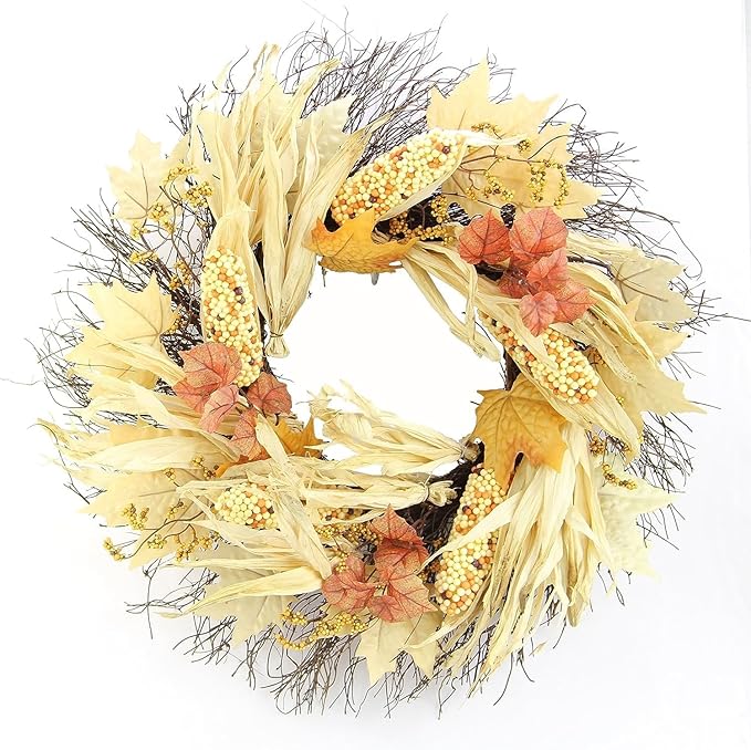 Admired By Nature Autumn Corn Husk Wreath - 26" Natural Fall Color Artificial Wreath - For Home Decor, Offices, Weddings, Events, Parties, Thanksgiving-Ruum Studio Home
