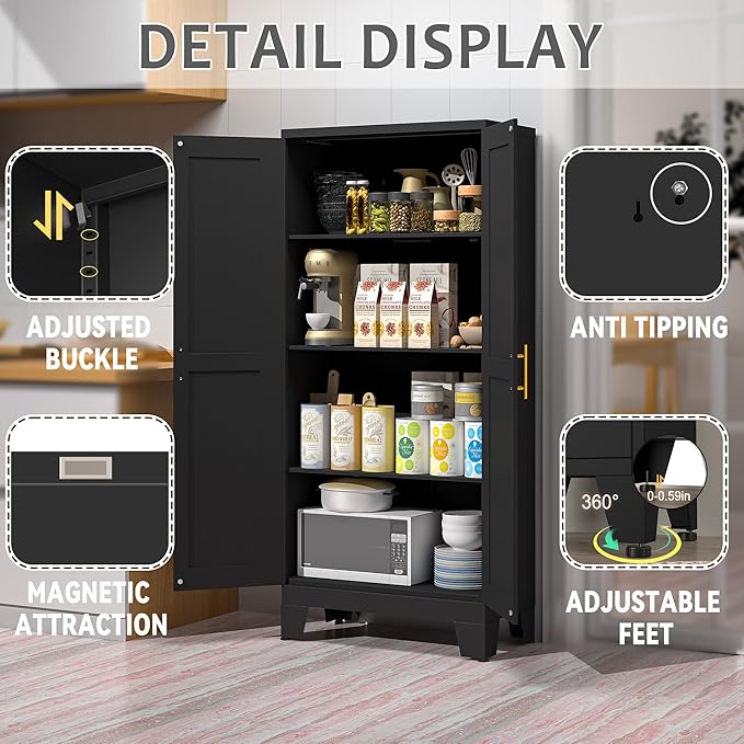 61.02" Kitchen Pantry Cabinet, Pantry Storage Cabinet with 2 Doors and Adjustable Shelves, Black Food Storage for Kitchen, Living Room, Bedroom and Dining Room (Black) Metal Sideboard-Ruum Studio Home