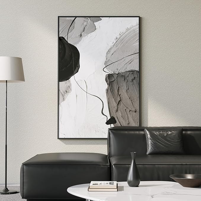 Large Framed Black and White Modern Abstract Vertical Wall Art for Living Room, Canvas Prints Paintings Artwork for Walls, Minimalist Gray Pictures for Hallway Stair Office Wall Decor 40x60 In-Ruum Studio Home