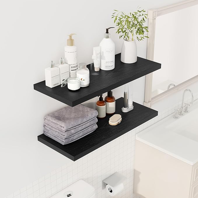 32" Floating Shelves for Wall, 12" Deep Slim Black Floating Shelves, Wall-Mounted Shelves for Bedroom, Living Room, Kitchen, Bathroom - Set of 2-Ruum Studio Home