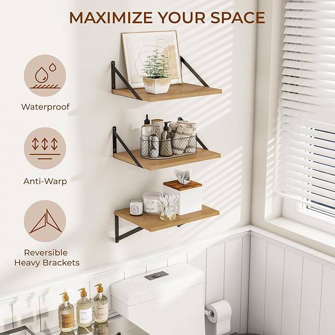 Heimlove Deep Floating Shelves for Wall, 12 Inch Deep Floating Shelves Set of 3, 16W x 12D Wood Wall Shelves, Wide Wood Shelves with Metal Bracket for Living Room, Kitchen, Office, Bedroom - Oak-Ruum Studio Home