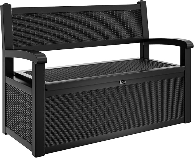 YITAHOME 70 Gallon Storage Bench Deck Box, Lockable Patio Bench, Waterproof Outdoor Pool Deck Storage for Patio Cushions, Garden Tools and Pool Supplies, Black-Ruum Studio Home