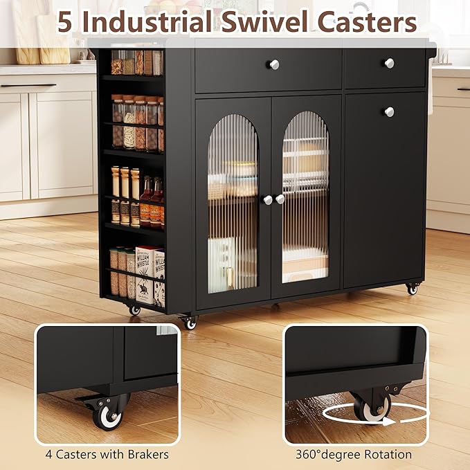 Kitchen Island with Drop Leaf & Power Outlet, Rolling Kitchen Island on Wheels with Trash Can Storage, Island Table Bar Cart with Spice Rack, Towel Rack, Drawers, Mobile Kitchen Carts on Wheels-Ruum Studio Home
