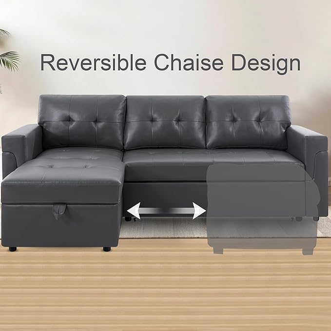 Naomi Home Transform Any Space: Sleeper Sectional Sofa with Convertible Sofa Bed & Inviting Chaise. Find Tranquil Comfort with Stress-Relieving Design & Durable Cushions - Dark Gray/Air Leather-Ruum Studio Home