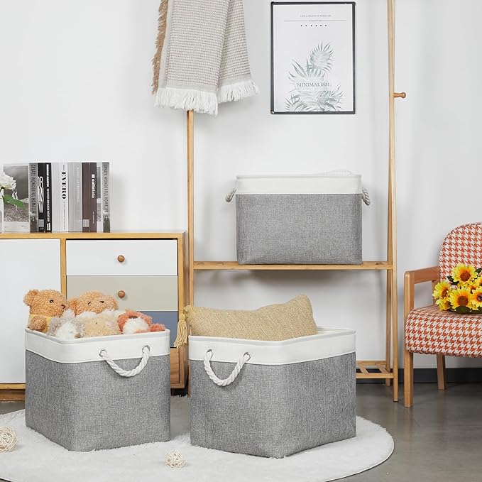 Bidtakay Large Storage Baskets for Organizing 3-Pack Fabric Closet Organizers Storage Bins with Handles 16x11.8x11.8 In Collapsible Baskets for Shelves Cloth Home Organization L-White&Grey-Ruum Studio Home
