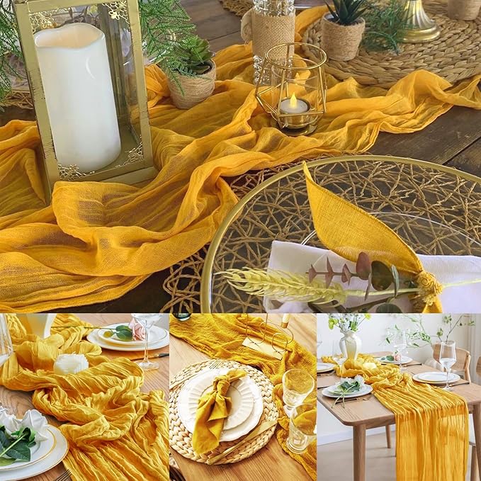 6 Pack Mustard 10FT Cheesecloth Table Runner Rustic Gauze Fabric Cheese Cloth Table Runner for Wedding Bridal Baby Shower Table Decor Boho Sheer Birthday Party Table Decorations 20 x 120 Inch Long-Ruum Studio Home