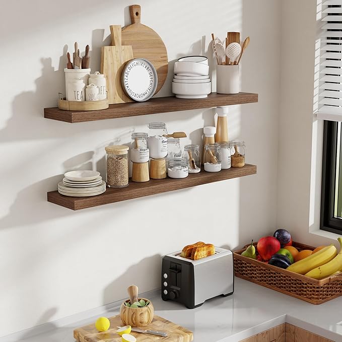 40 Inch Floating Shelves, 8 Inch Deep Floating Shelves for Wall, Hanging Shelf with Invisible Brackets, Deep Shelves for Bathroom, Bedroom, Living Room, Walnut, Set of 2-Ruum Studio Home