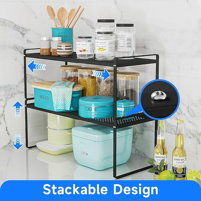 Expandable Cabinet Shelf Organizers, Kitchen Small Stand Rack Organization for Countertop Cupborad Pantry, Black 1 Pack-Ruum Studio Home
