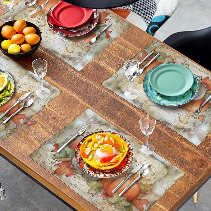 Fall Pumpkin Maple Leaf Placemats Set of 4, 12x18 Inch Vintage Autumn Harvest Rustic Leaves Table Mats Seasonal Fall Thanksgiving Washable Linen Fabric Place Mats for Party Kitchen Dining Decor-Ruum Studio Home