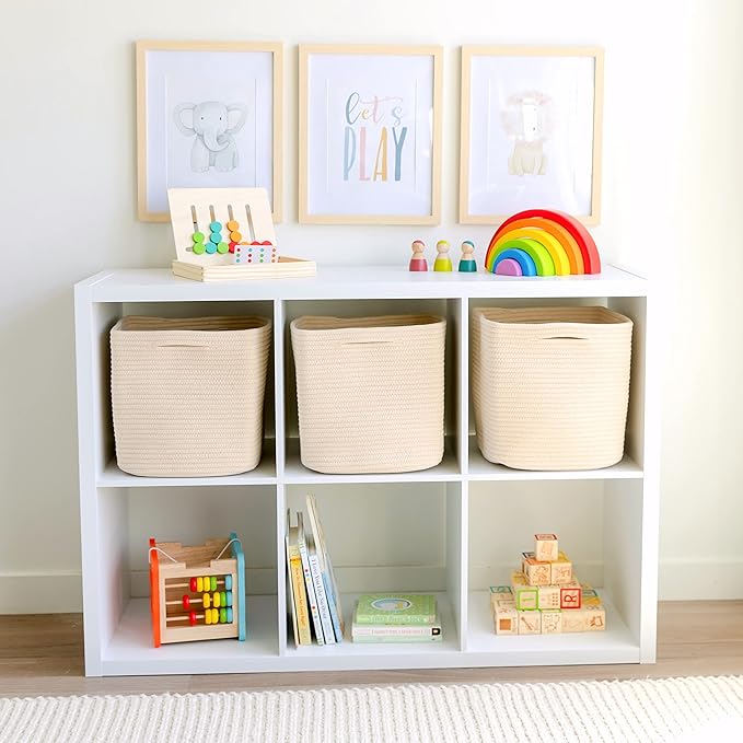 NaturalCozy Storage Cubes 11 Inch Cotton Rope Woven Baskets for Organizing, 3-Pack | Cube Storage Bin | Square Storage Baskets for Shelves Organizer, Classroom, Kids Toy Bins, Closet, Baby Nursery-Ruum Studio Home