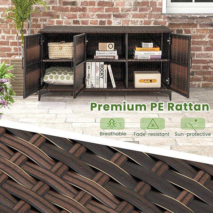 RELAX4LIFE 84-Gallon Outdoor Storage Box - Wicker Rattan 3-Door Patio Storage Cabinet Container w/Removable Shelves for Cushions, Garden Tools, Pool & Sports Equipment, Indoor Outdoor Deck Box (Brown)-Ruum Studio Home