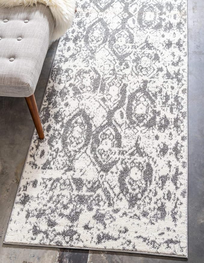 Unique Loom Rosso Collection Vintage, Geometric, Bohemian, Traditional, Distressed, Southwestern Area Rug, 2' 0" x 6' 0", Light Gray/Ivory-Ruum Studio Home