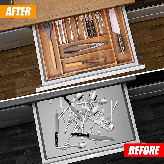 Bellsal Large Premium Acacia Wood Silverware Organizer - Expandable Utensil Drawer Organizer - 17"x19.6" Utensil Holder and Cutlery Tray with Grooved for Kitchen Flatware Utensils(7-9 Slot, Acacia)-Ruum Studio Home