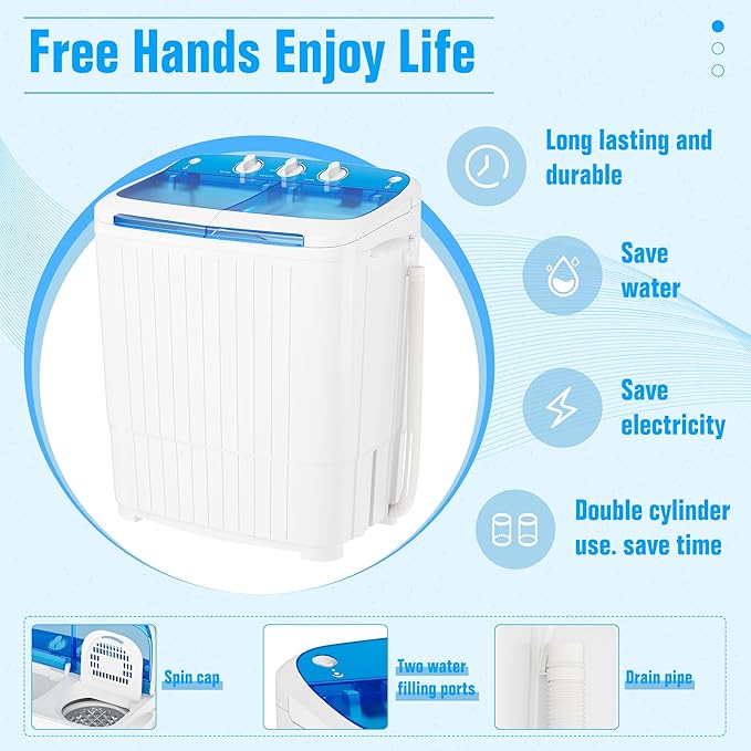 Pataku Portable Washing Machine, Compact Twin Tub Mini Washing Machine, 17.6 LBS Washer and Dryer Combo with Soaking Function, Semi-Automatic for Apartment, Dorms, RVs, Camping (White & Blue)-Ruum Studio Home