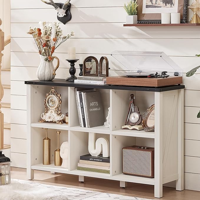 Farmhouse 6 Cube Bookshelf, Antique White & Black Wooden Storage Organizer Book Shelf, 47" Cubby Hallway Bookcase, Kids Toy Storage Cabinet, Modern Open Book Case for Living Room, Playroom-Ruum Studio Home