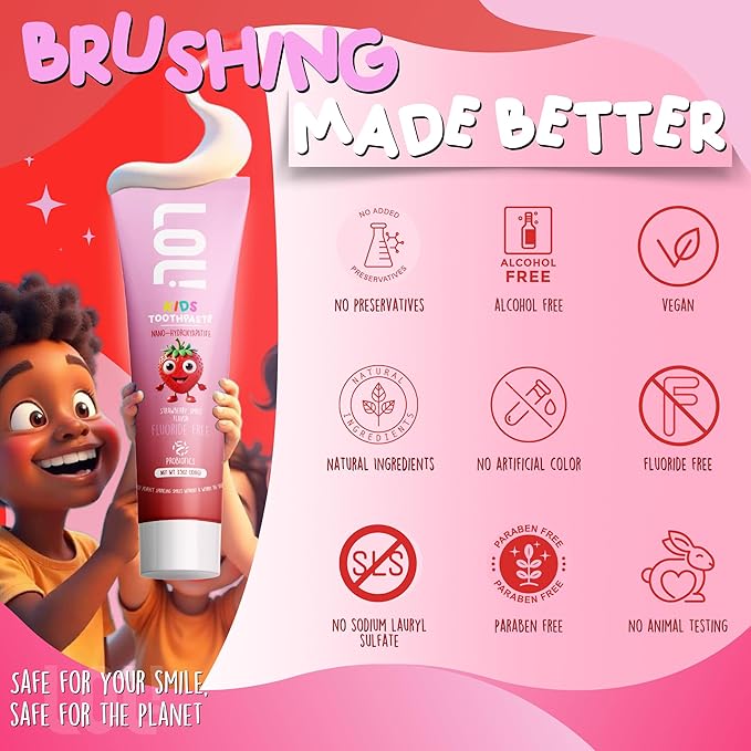 LOL Fluoride Free Toothpaste Kids, Nano Hydroxyapatite Toothpaste,Probiotics & Xylitol Tooth Paste Kids | Remineralizing | Natural | Plant-Based Foam | Pasta De Dientes para Niños. (Strawberry)-Ruum Studio Home