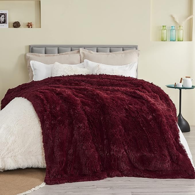 GONAAP Fuzzy Faux Fur Throw Blanket Queen Size Wine Red Super Soft Cozy Plush Fuzzy Shaggy Blanket for Couch Sofa Bed (Wine Red, Queen(90"x90"))-Ruum Studio Home