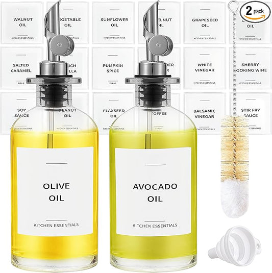 Olive Oil Dispenser Bottle - Includes 55 Kitchen Essential Labels - Cooking Oil Bottles for Kitchen, Coffee Syrup Dispenser - Pourer Spout with 11.8 fl oz Glass Container Cruet - 2pcs Silver-Ruum Studio Home