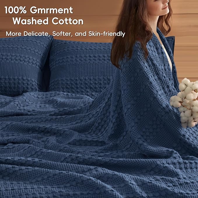 PHF 100% Cotton Waffle Weave Blanket King Size, Soft Lightweight Breathable Cozy Summer Blankets for Bed, Luxury Aesthetic Woven Bedding for Home Decor, 108"x90", Bright Navy Blue-Ruum Studio Home