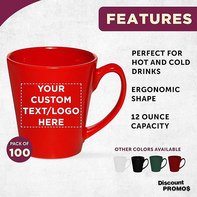 DISCOUNT PROMOS Custom Glossy Ceramic Latte Coffee Mug 12 oz. Set of 100, Personalized Bulk Pack - Perfect for Tea, Espresso, Cappuccino, Hot Cocoa - Red-Ruum Studio Home