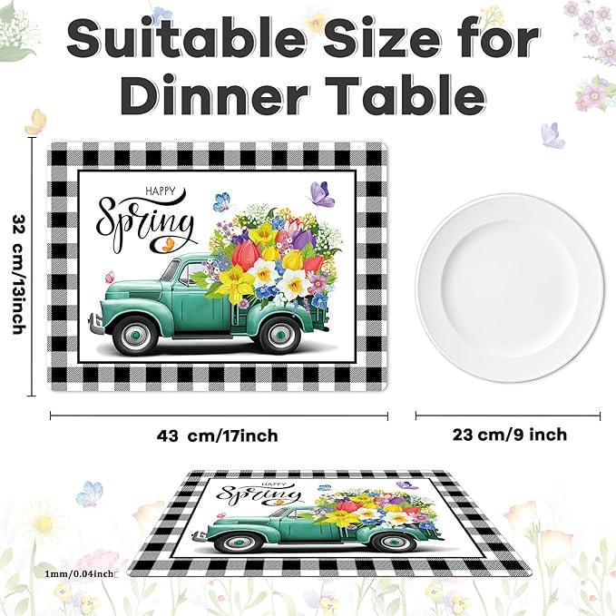 Happy Spring Placemats Set of 6 Easter Plastic Table Mats Spring Placemats Seasonal Place Mats Rustic Vintage Flowers Table Decoration for Indoor Outdoor Party Kitchen Dining-Ruum Studio Home