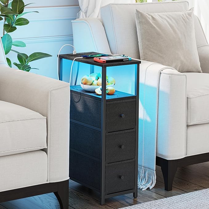 TUTOTAK Narrow LED Night Stand with Charging Station, Slim End Table with Plugins, Tall Side Table with 3 Fabric Drawer, Small Bedside Table with Storage, for Living Room, Black TB01BK086L