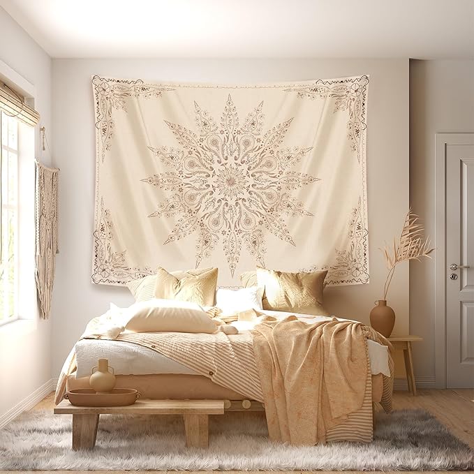 Damanse Floral Tapestry Wall Hanging Cute,Boho Wall Tapestry for Bedroom Aesthetic,Mandala Living Room Decor for Teen Girls (Flaxen, 70.9"x90.6")-Ruum Studio Home