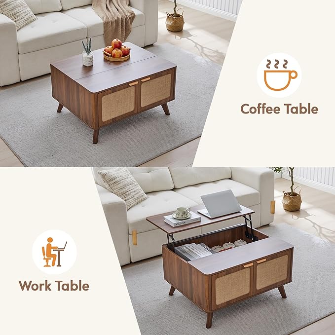 AVZEAR Lift Top Coffee Table with Storage, Mid Century Modern Coffee Table with Nature Linen Doors & Large Hidden Storage, Rounded Corners Center Table Farmhouse Coffee Tables for Living Room, Walnut-Ruum Studio Home