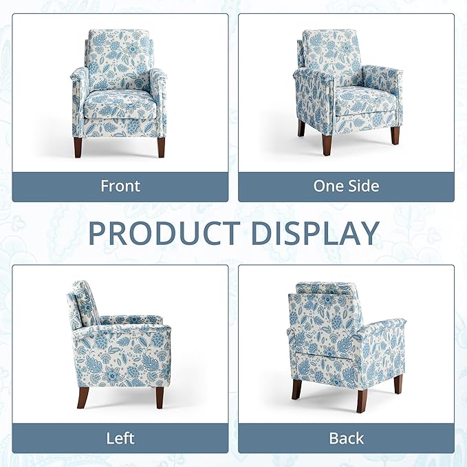 Floral Accent Chair, High Back Upholstered Armchair with Solid Wooden Legs, Padded Armrest and Removable Comfortable Cushioned Seat Single Sofa for Living Room, Bedroom, Blue-Ruum Studio Home
