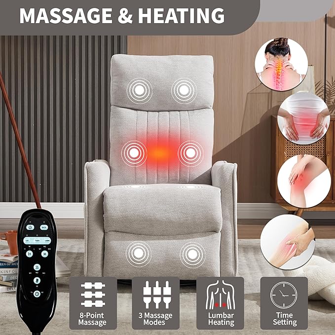 Manual Swivel Rocker Recliner Chair for Adults, Overstuffed Reclining Glider Chair for Nursing with Vibration Massage & Heat, Living Room Rocking Recliner 2-Stage backrest, Chenille Fabric Light Gray-Ruum Studio Home