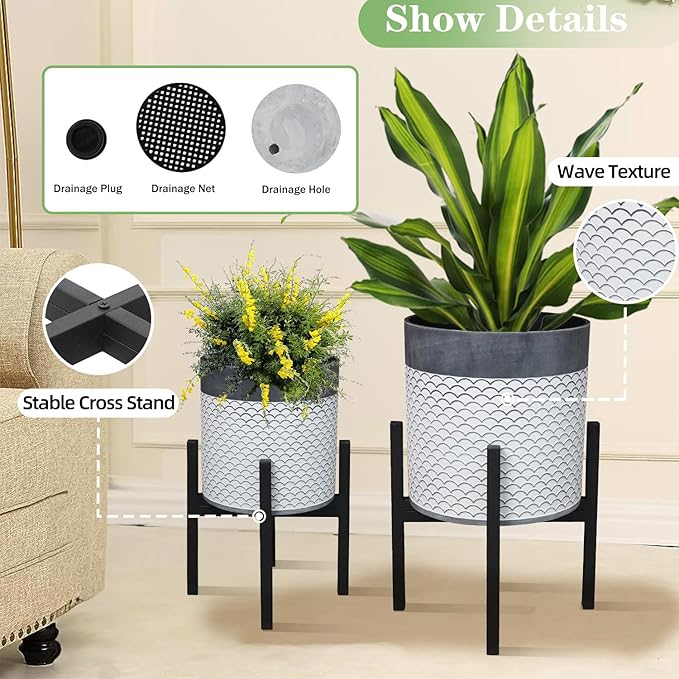 Planter with Stand Set of 2, Mid Century Plant Pots with Metal Legs Indoor, Modern Flower Pots with Drainage Holes, Decorative Garden Pot for Living Room, Office, Garden, or Balcony 10 & 12 inches-Ruum Studio Home