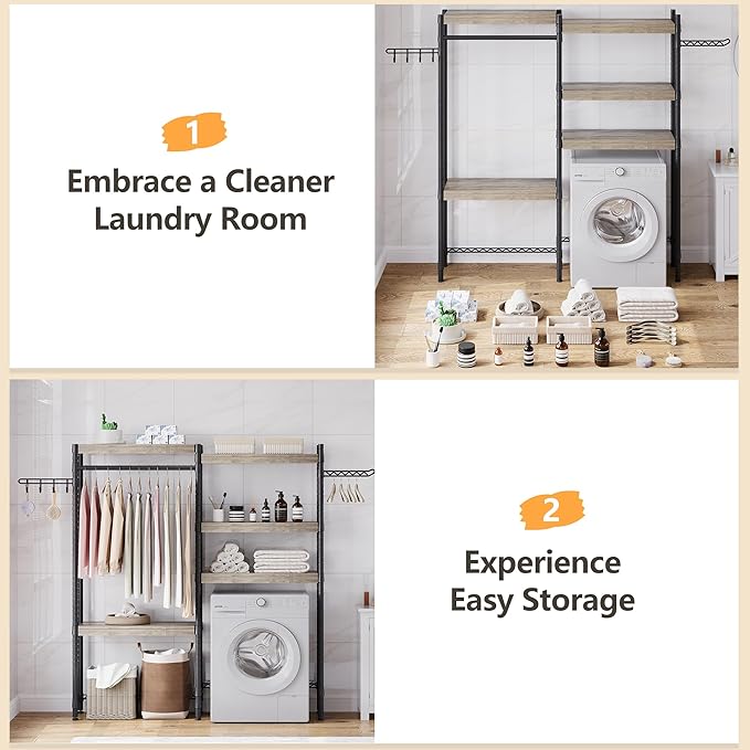 Double Row Over Washer and Dryer Storage Shelves, Laundry Room Organization and Storage, Heavy Duty Laundry Room Shelves, with Adjustable Height, 5-Tier-Ruum Studio Home