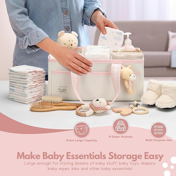 PeraBella XL Diaper Caddy Organizer With Handle, Baby Shower Gifts Basket Bag, Registry Search Must Haves Items, Newborn Girl Boy Nursery Storage Organizer, Baby Bag Essentials, Car Diaper Caddy Cart-Ruum Studio Home