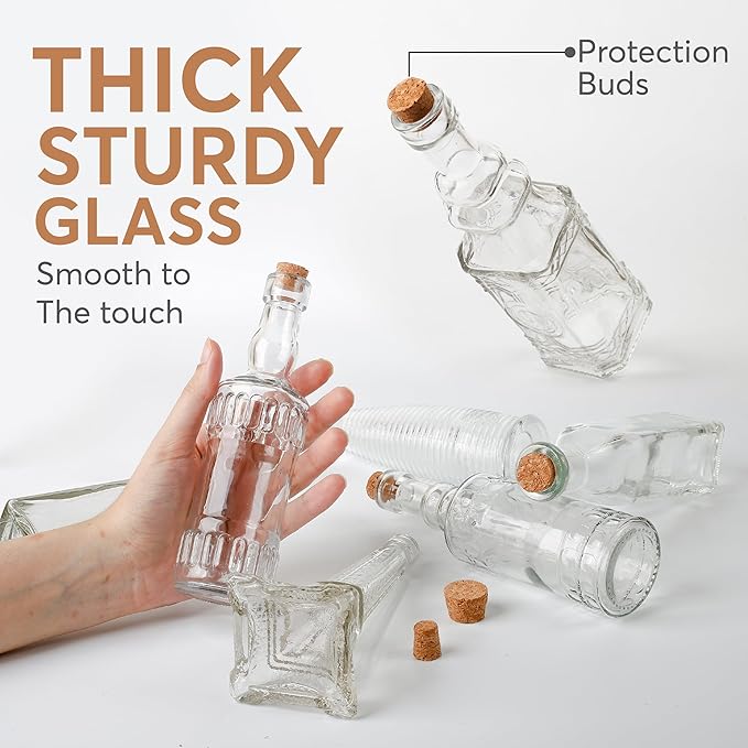 Small Vintage Glass Bottles with Corks, Mini Vases, Decorative Glass Bottle, Potion Bottles, Assorted Design - Set of 14 assorted design 5oz 6.5-7 inch tall 1.8-2.inch wide.-Ruum Studio Home