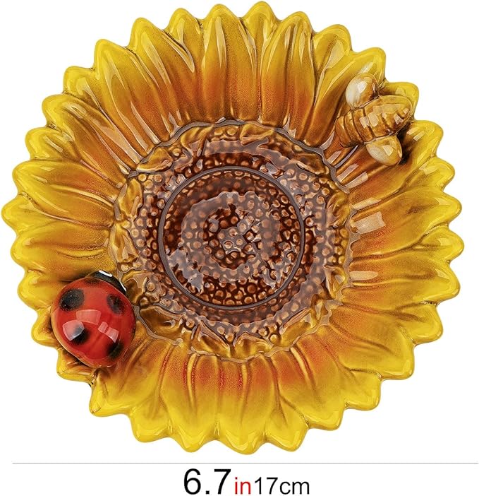 Sunflower Jewelry Dish Trinket Tray Ceramic Key Tray Bowl for Entryway Table, Sunflower Candy Dish Soap Holder Gift Decorative Bowl for Home Decor Kitchen Bathroom Sink (Bee, Ladybug)-Ruum Studio Home