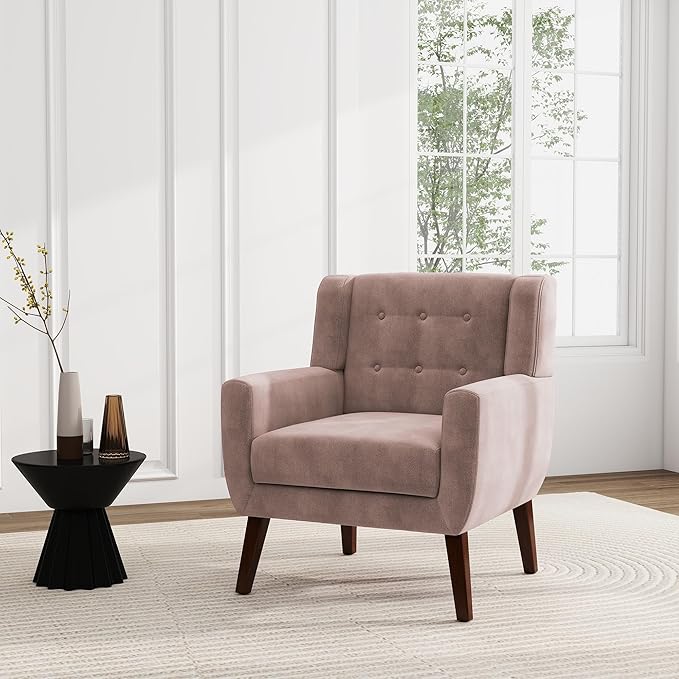 UIXE Accent Chair, Velvet Upholstered Armchair for Living Room, Modern Club Arm Chairs Comfy Single Sofa Button Tufted Bedroom Reading Seat - Skin Pink, Set of 1-Ruum Studio Home