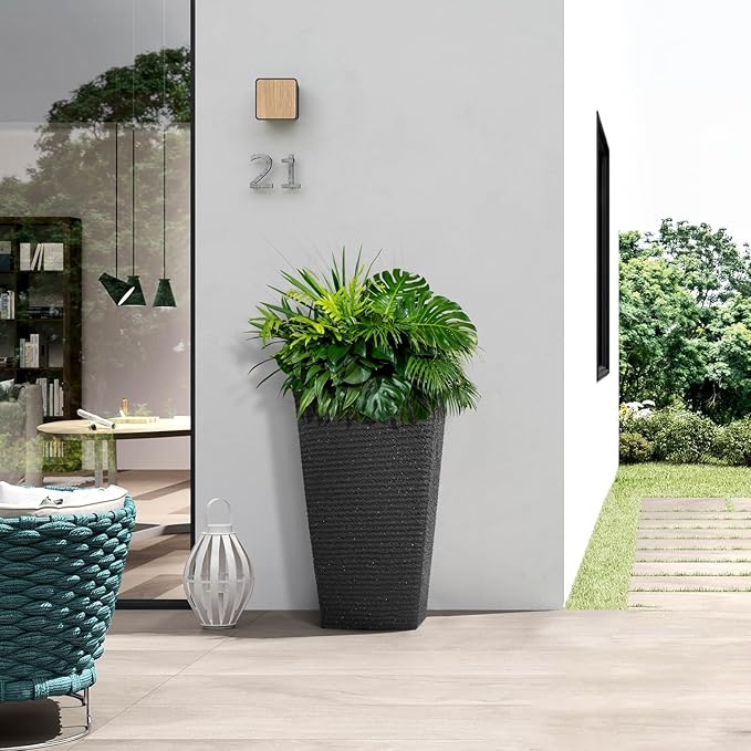 Tall Black Planter Set of 2 for Outdoor Indoor Plants,21.3in Large Tapered Plant Pots with Drainage Trays Holes,Resin Extra-Thick Flower Pots for Outdoor Patio Front Porch Backyard Decor-Ruum Studio Home