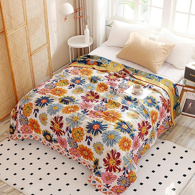 Boho Muslin Blanket for Adults 4-Layer Gauze 80 x 90 Inches Soft Cozy 100% Cotton Summer Cooling Blanket Floral Decor for Sofa Bed Coverlet Both Sides (Daisy Floral, 80 x 90 in)-Ruum Studio Home