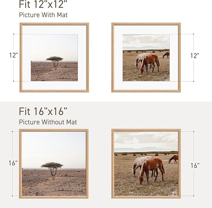 16x16 Picture Frame Set of 4 Natural Solid Oak Photo Frames with 12x12 Removable Mat Wall Hanging Large Handcrafted Frame with HD Plexiglass Wall and Tabletop Display Large Poster Frame-Ruum Studio Home