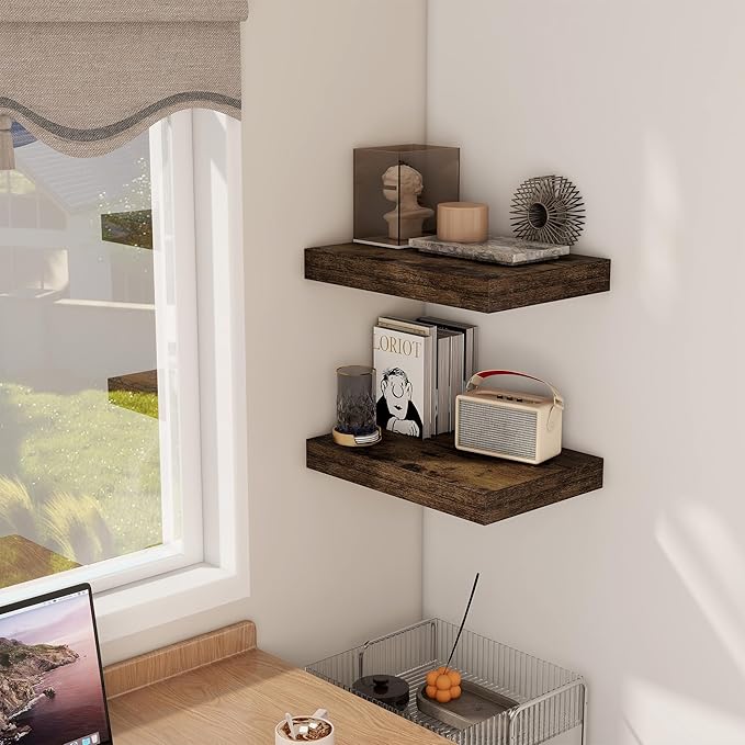12 Inch Deep Floating Shelves, 16 x 12 Floating Shelf for Books, Rustic Wood Deep Wall Shelves for Home Storage & Display, 2" Thicked Shelves for Kitchen, Living Room, Bedroom, Rustic Brown, 2 Pack-Ruum Studio Home