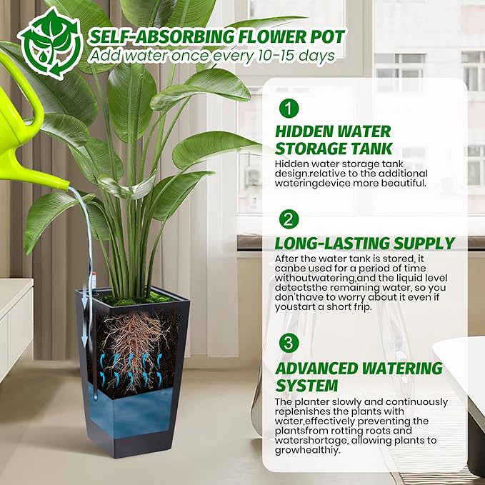16" Tall Planters Set of 2, Outdoor＆Indoor Black Planter Pots, High Front Porch Planter Pots with Drainage Holes＆Water Level Monitor＆Inner Bucket, Automatic Watering,Black-Ruum Studio Home