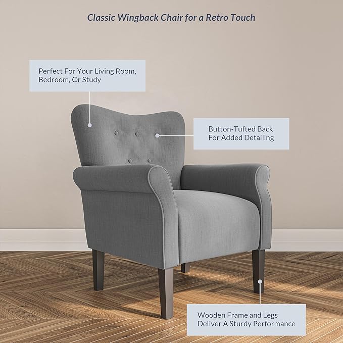 BELLEZE Modern Accent Chair, High Back Armchair, Upholstered Wingback Side Chair, Padded Single Sofa with Wooden Legs for Living Room, Bedroom - Gray-Ruum Studio Home