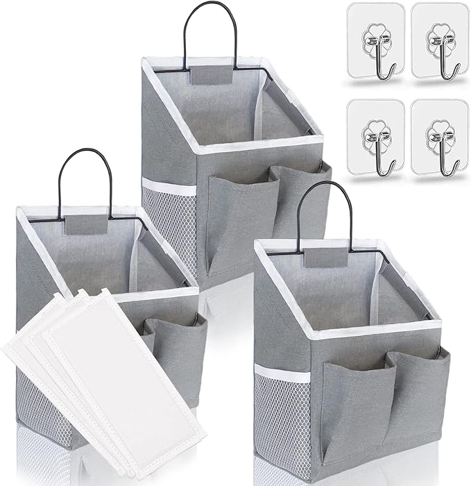 3pcs Small Wall Hanging Organizer Bag, Linen Fabric Door Hanging Storage Basket with Pockets, Waterproof Bin for Kitchen, Bedroom, Office, RV Camper (Gray)-Ruum Studio Home