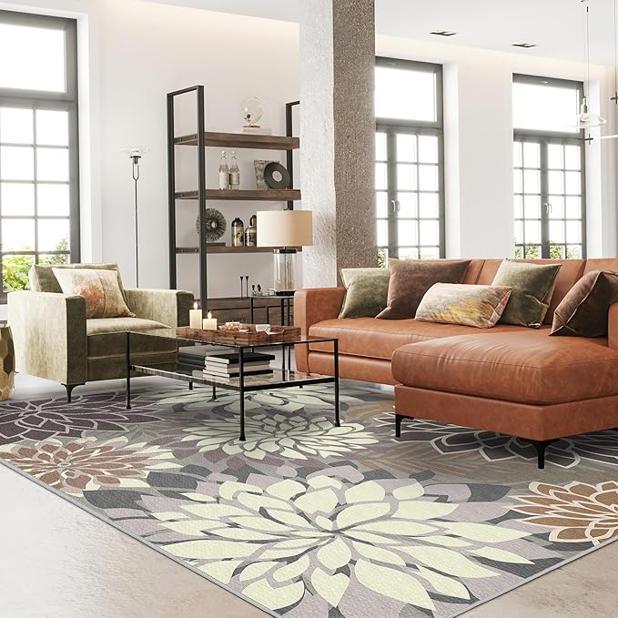 Indoor Outdoor Area Rug Washable Multicolored Patio Rug Tropical Botanical Modern Floral Indoor Outdoor Carpet Brown White Rug Non Slip Non Shedding for Patio, Deck, Backyard, Porch (5x8)-Ruum Studio Home