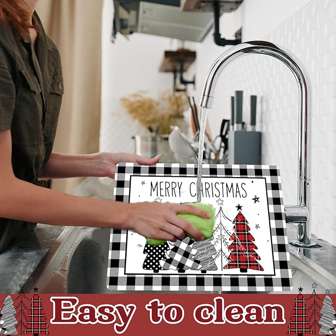 Christmas Placemats Set of 6 Christmas Tree Plastic Table Mats Xmas Trees Black and White Buffalo Plaid Place Mats Winter Holiday Table Decoration for Indoor Outdoor Party Kitchen Dining-Ruum Studio Home