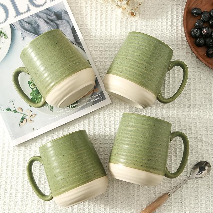 Large Ceramic Coffee Mugs Set - 15 OZ Porcelain Coffee Latte Cups Set of 4 with Handle Perfect for Cappuccino, Tea, Mocha, Hot or Cold Drinks, Unique Glaze Design for Home, Cafe and Coffee Bar, Green-Ruum Studio Home