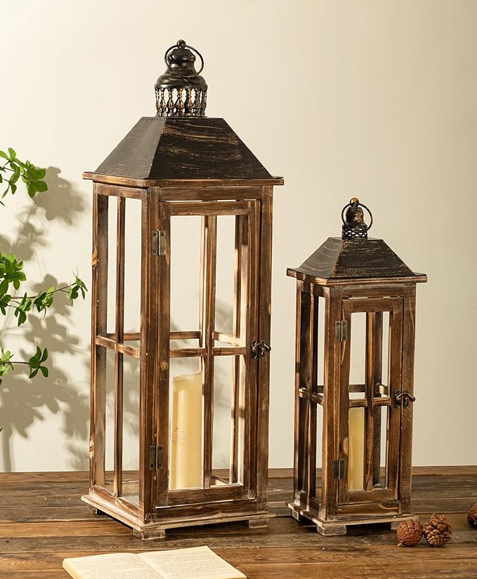 Large Farmhouse Wooden Decorative Lantern Set of 2, Rustic Distressed Brown Burnt Wood Floor Candle Lanterns, Indoor/Outdoor Hanging Lanterns for Home Decor (No Glass)-Ruum Studio Home