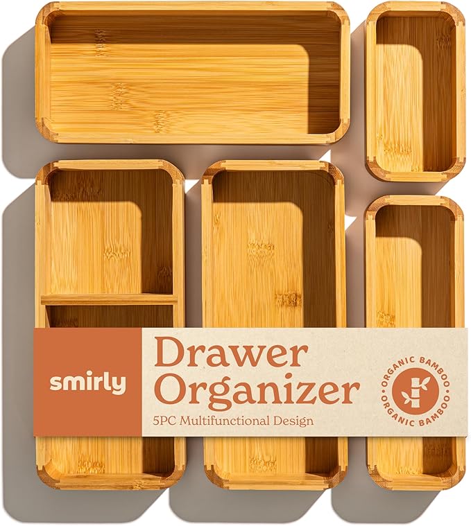 SMIRLY 5-Piece Bamboo Kitchen Drawer Organizer Set for Large and Small Utensils, Multi-use Storage Box - Bathroom, Nightstand, Jewelry, Cutlery, Knife, Spice, Towel, Junk Drawer Tray-Ruum Studio Home