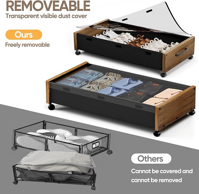 Wooden Under Bed Storage with Wheels, Rolling Under the Bed Storage Bins with Removable Lid, Metal Under Bed Drawers for Clothes and Shoes in Bedroom or Living Room(Walnut Brown-2pack)-Ruum Studio Home
